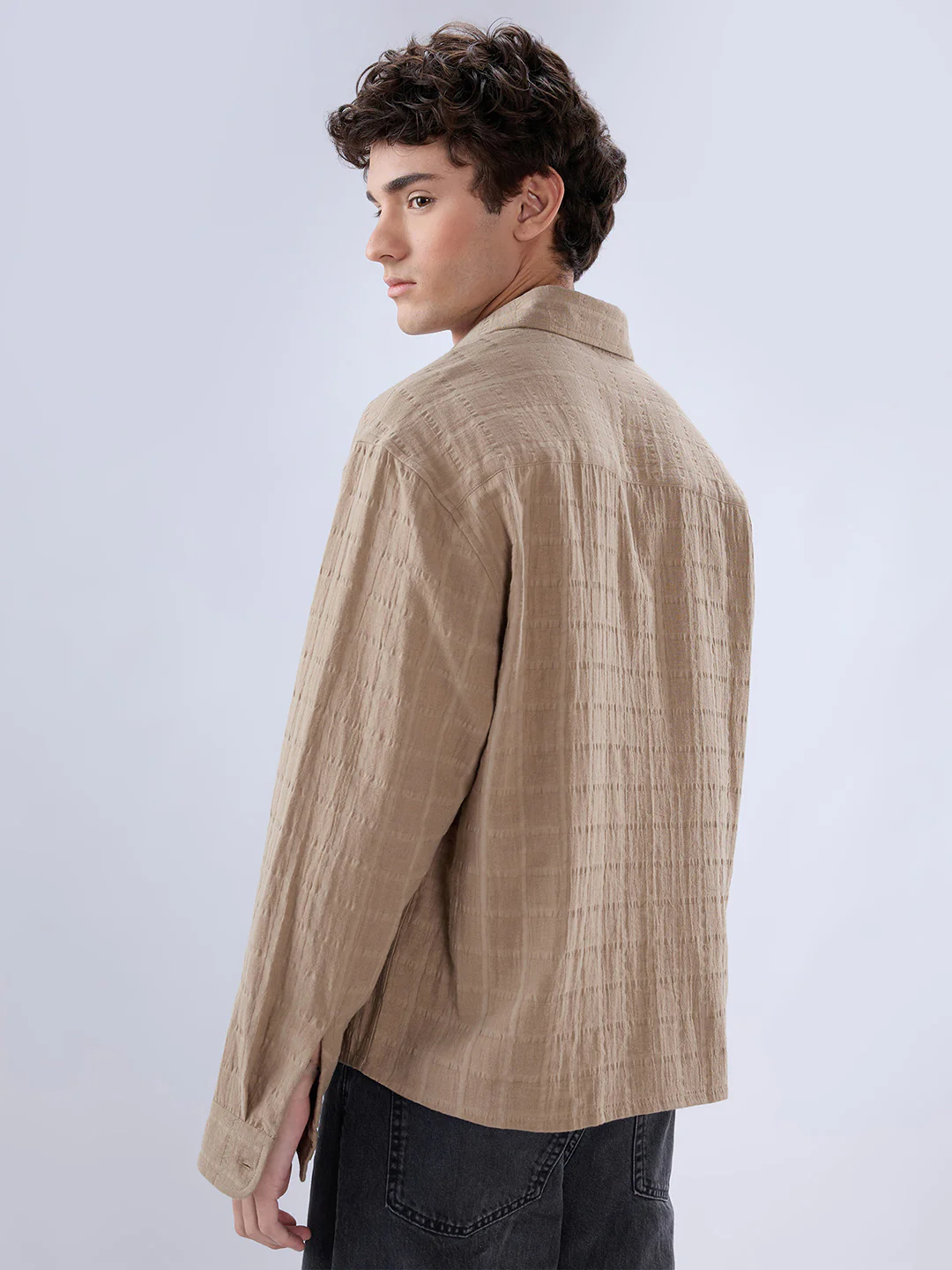 Khaki Grid Textured Double Cloth Seersucker Boxy Fit Crop Shirt - Image 7