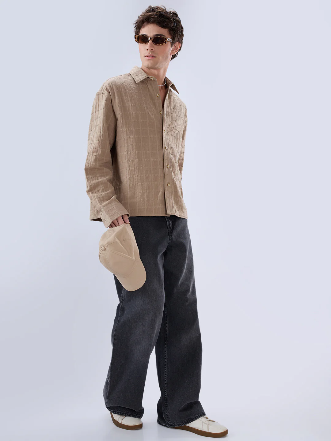 Khaki Grid Textured Double Cloth Seersucker Boxy Fit Crop Shirt - Image 8