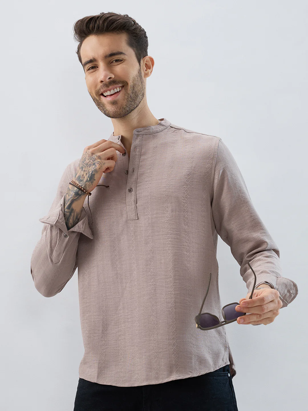 Taupe Lozenge Weave Striped Kurta - Image 2