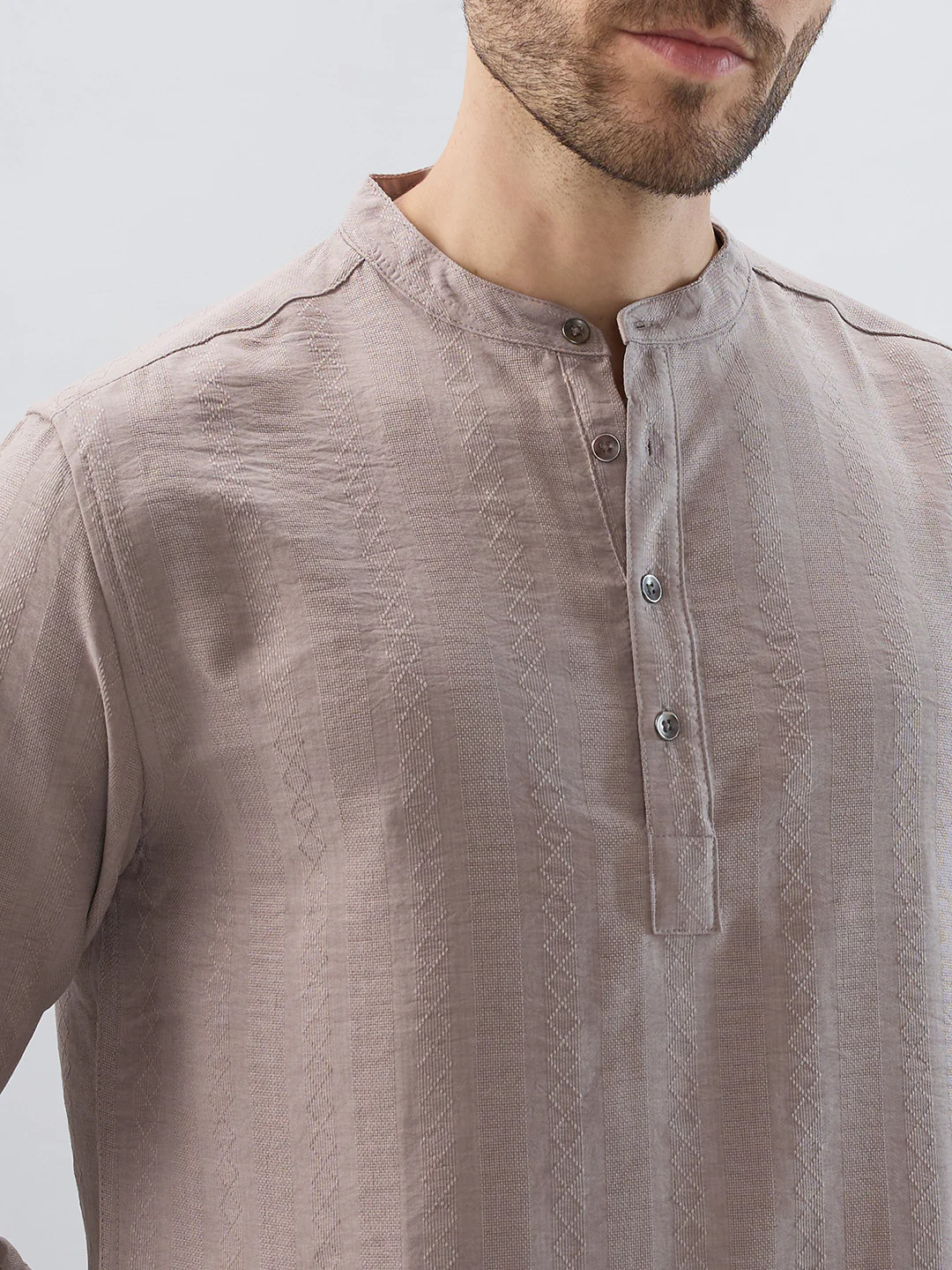 Taupe Lozenge Weave Striped Kurta - Image 3