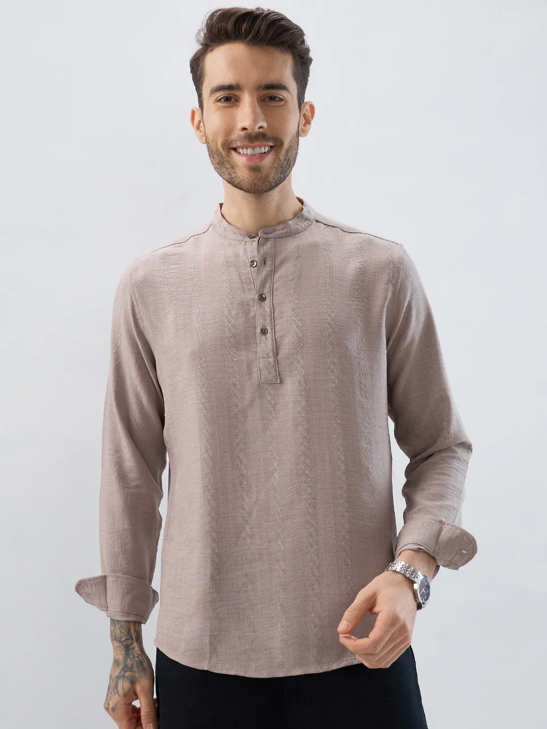 Taupe Lozenge Weave Striped Kurta - Image 5