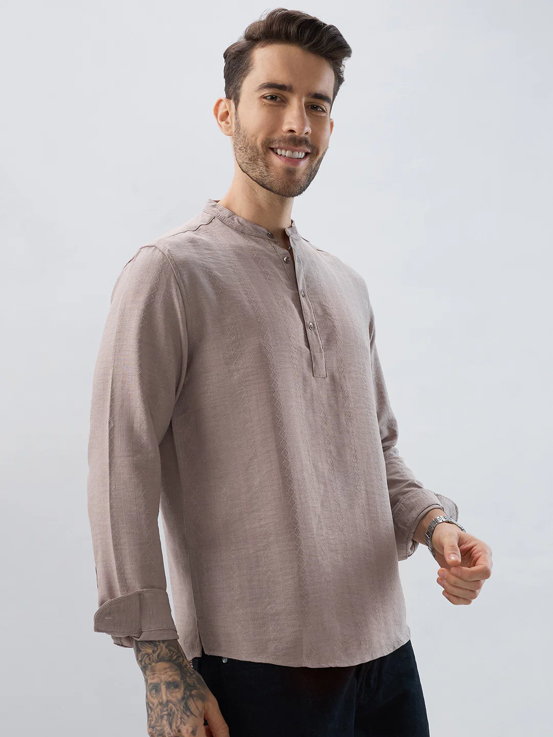 Taupe Lozenge Weave Striped Kurta - Image 6