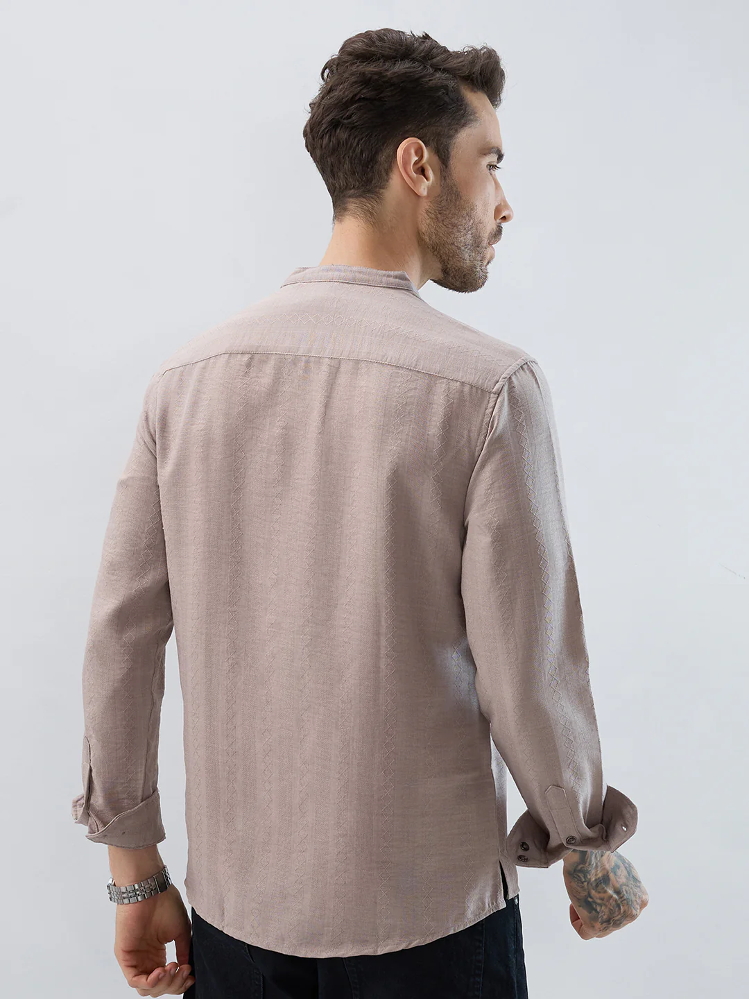 Taupe Lozenge Weave Striped Kurta - Image 7
