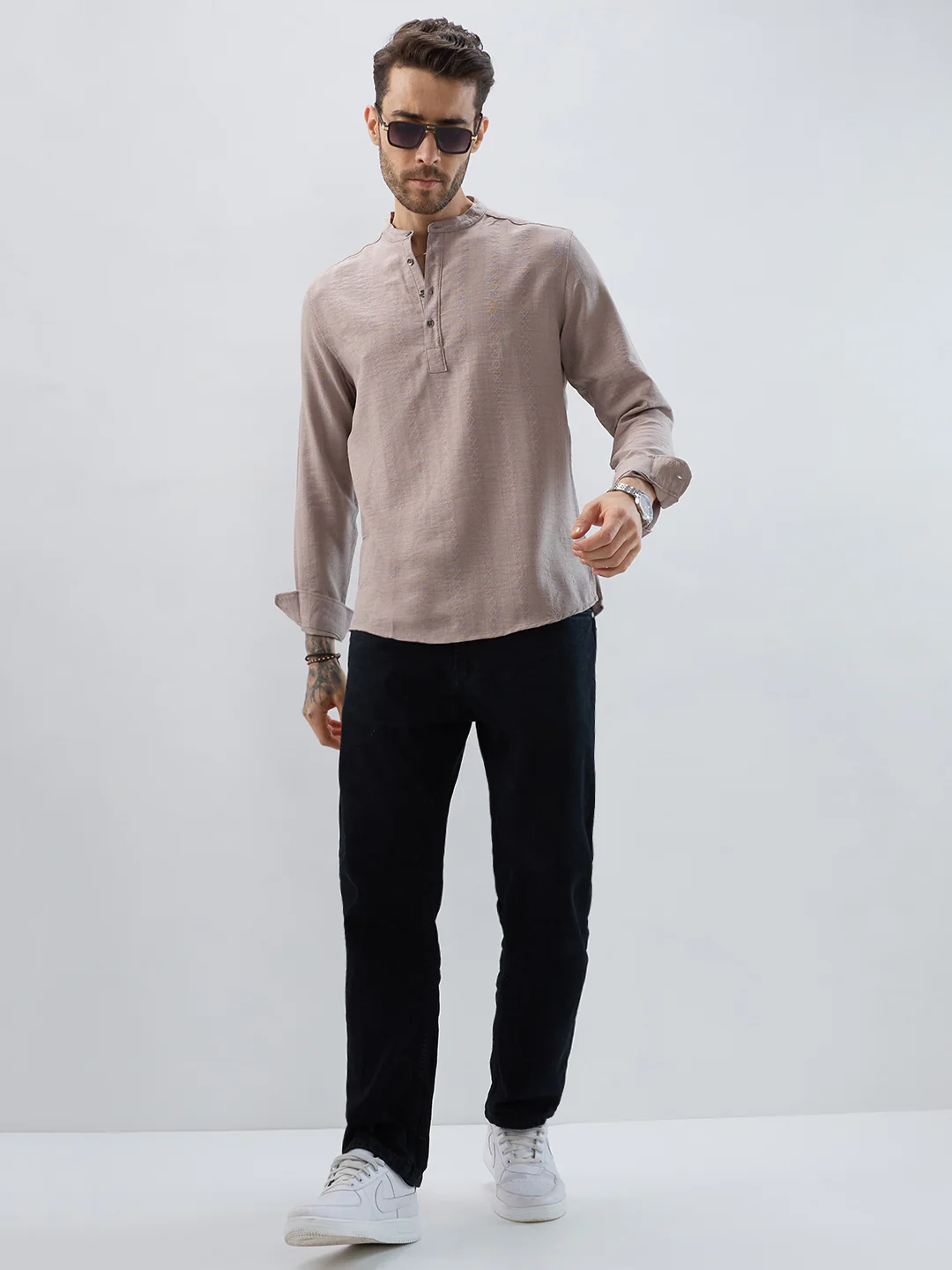 Taupe Lozenge Weave Striped Kurta - Image 8