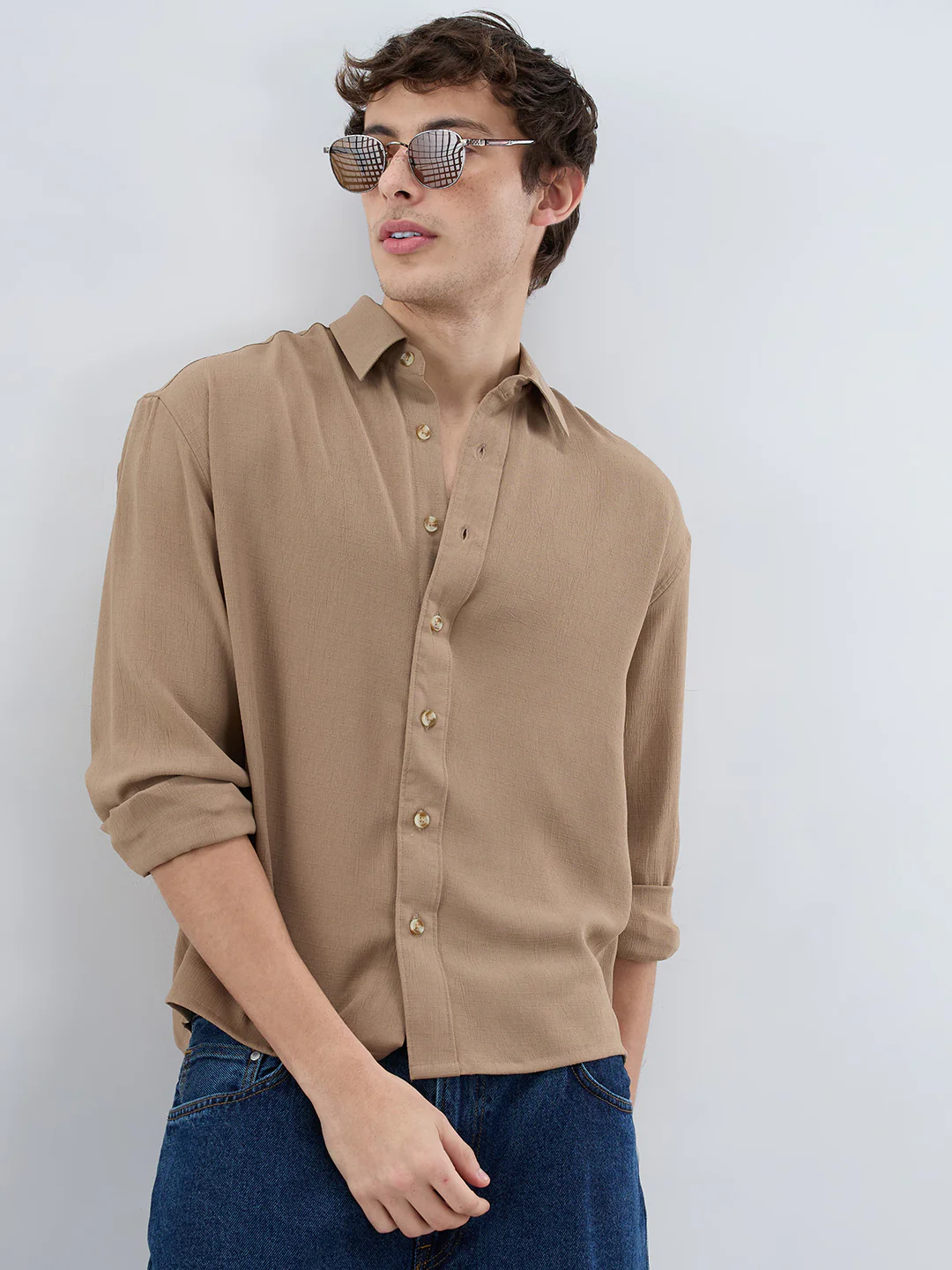 Khaki Olive Fine Grid Textured Boxy Fit Oversized Shirt