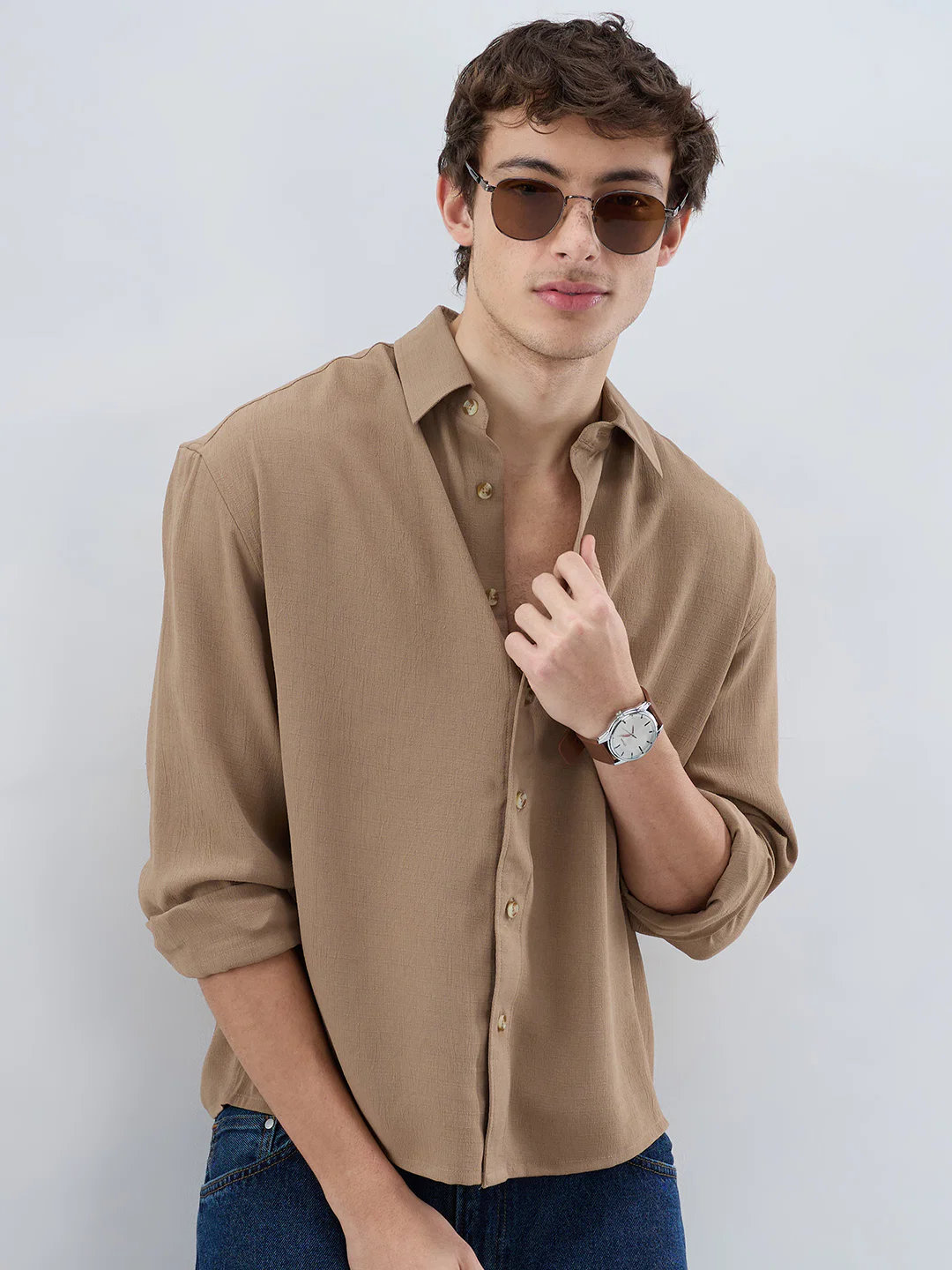 Khaki Olive Fine Grid Textured Boxy Fit Oversized Shirt - Image 2