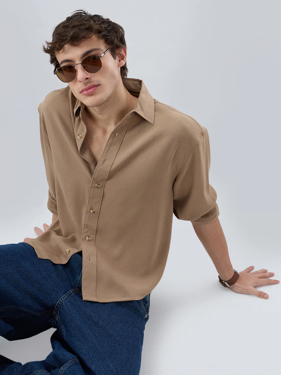 Khaki Olive Fine Grid Textured Boxy Fit Oversized Shirt - Image 4