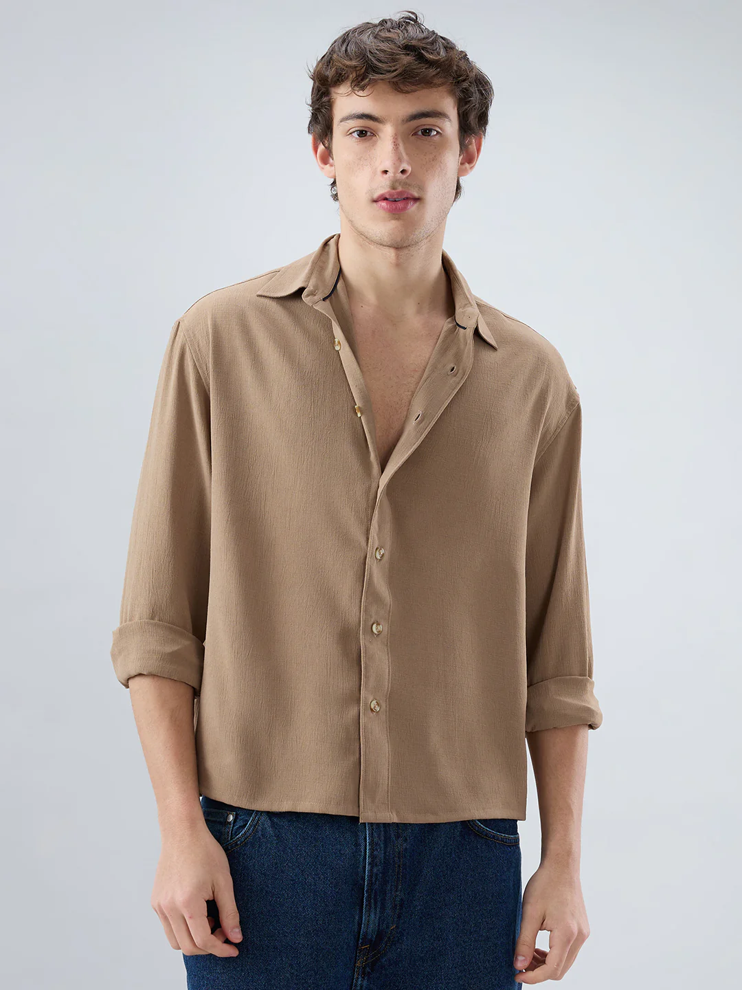 Khaki Olive Fine Grid Textured Boxy Fit Oversized Shirt - Image 5
