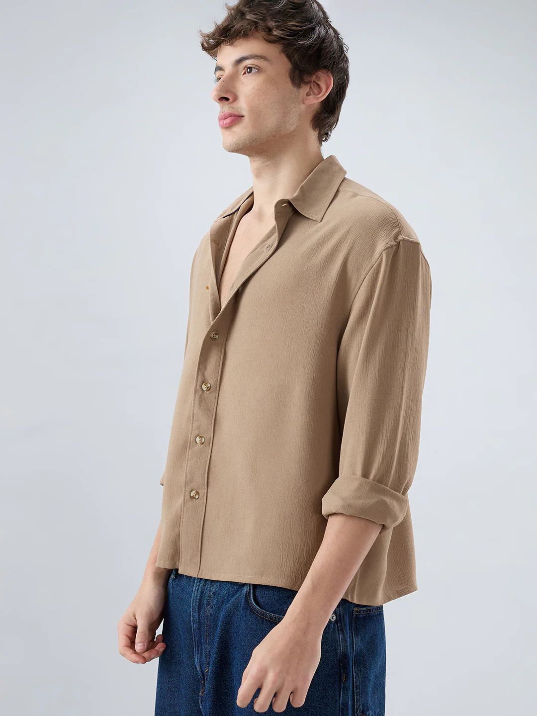 Khaki Olive Fine Grid Textured Boxy Fit Oversized Shirt - Image 6