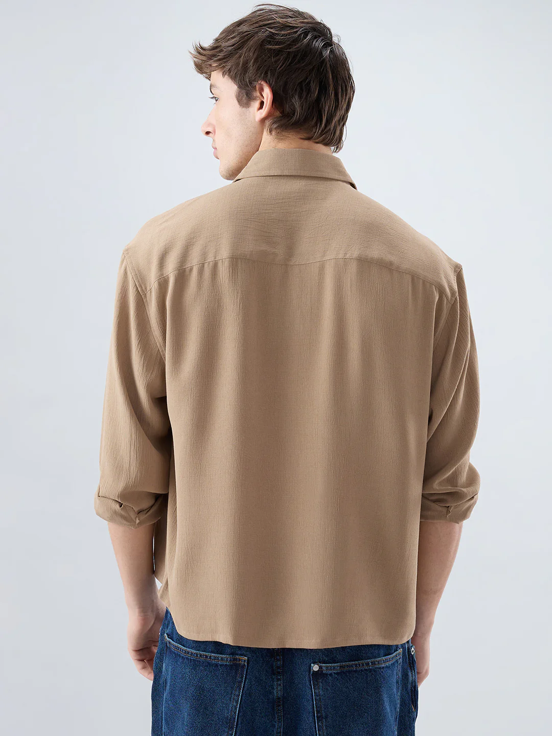 Khaki Olive Fine Grid Textured Boxy Fit Oversized Shirt - Image 7