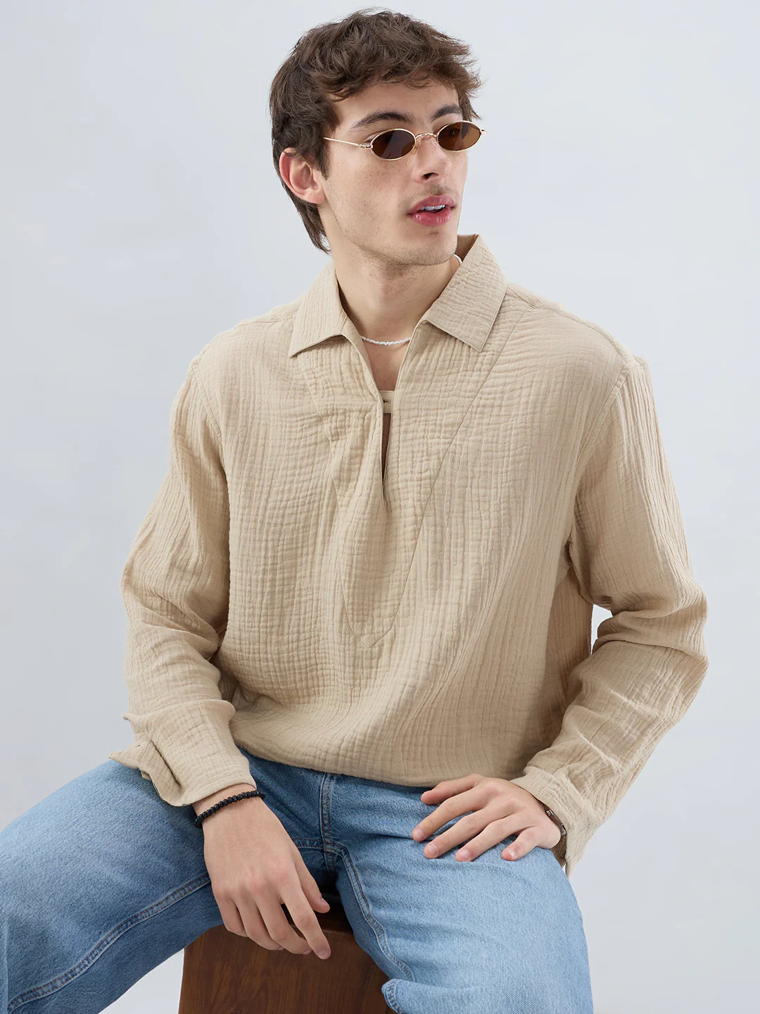 Latte Beige Double Cloth Cuffless Oversized Shirt - Image 2