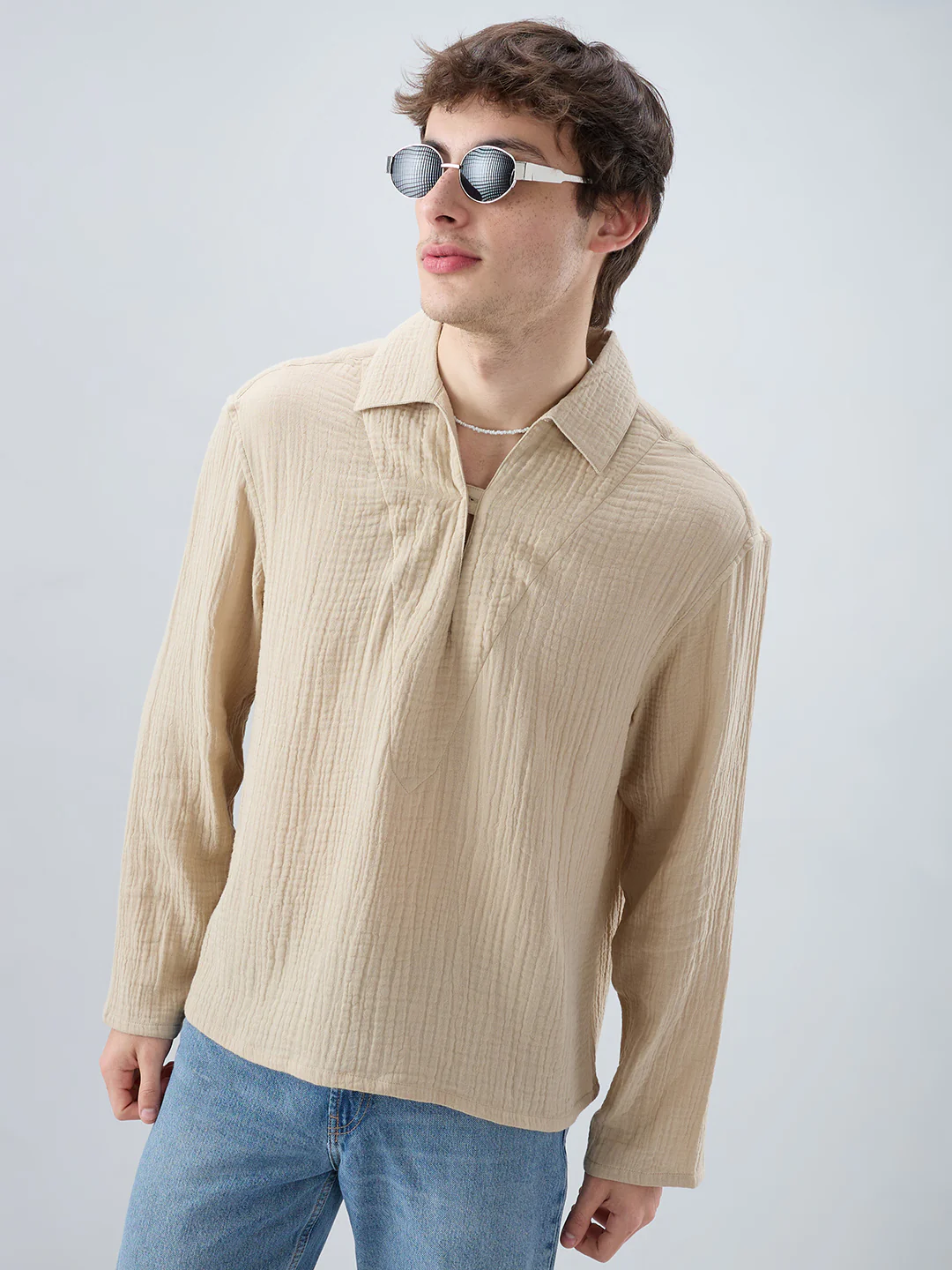 Latte Beige Double Cloth Cuffless Oversized Shirt - Image 4
