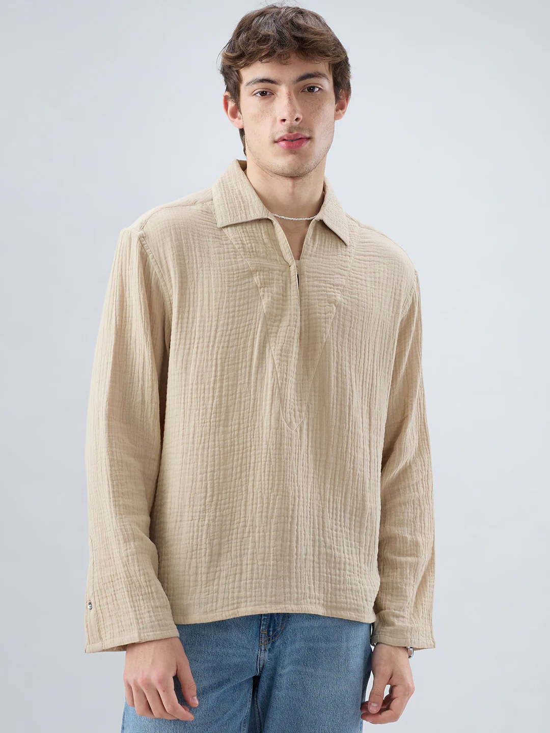 Latte Beige Double Cloth Cuffless Oversized Shirt - Image 5
