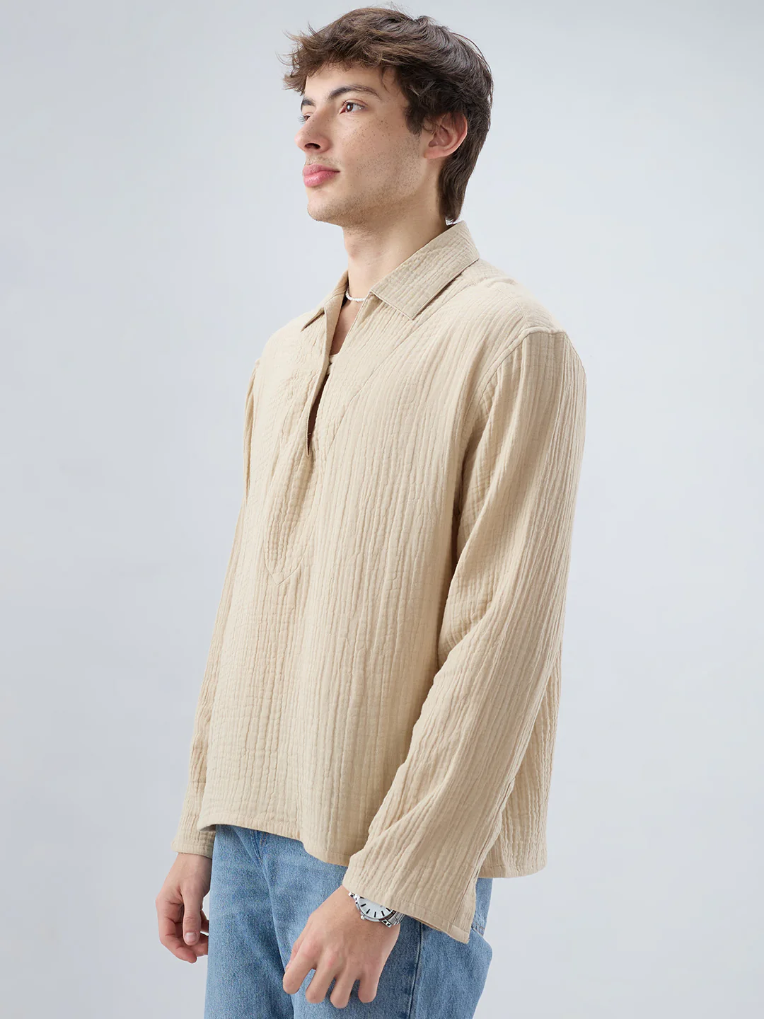 Latte Beige Double Cloth Cuffless Oversized Shirt - Image 6