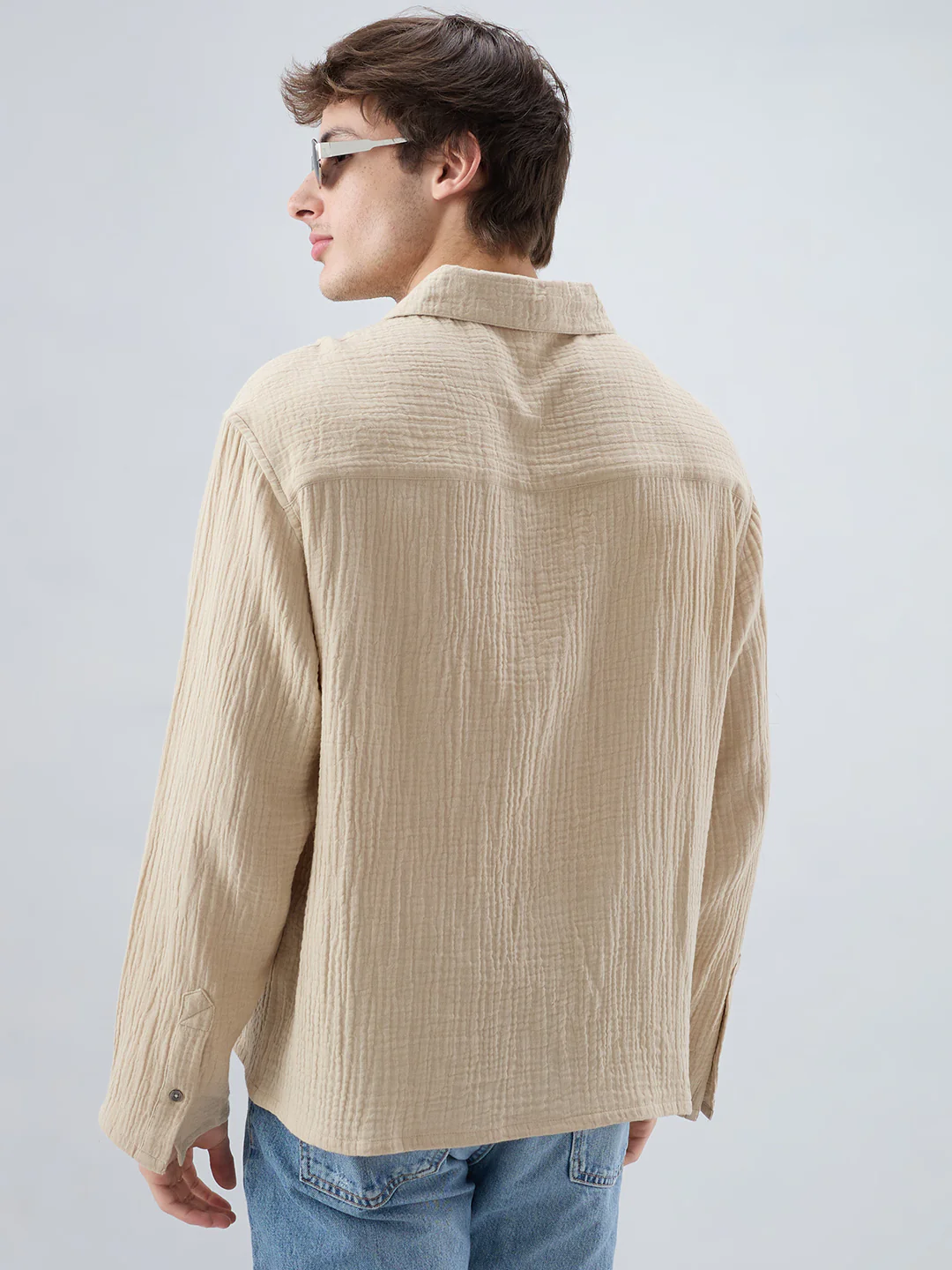 Latte Beige Double Cloth Cuffless Oversized Shirt - Image 7