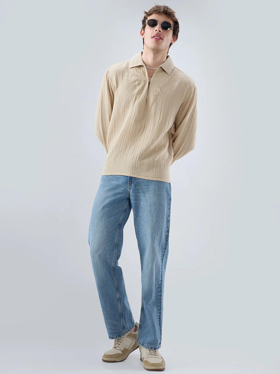 Latte Beige Double Cloth Cuffless Oversized Shirt - Image 8