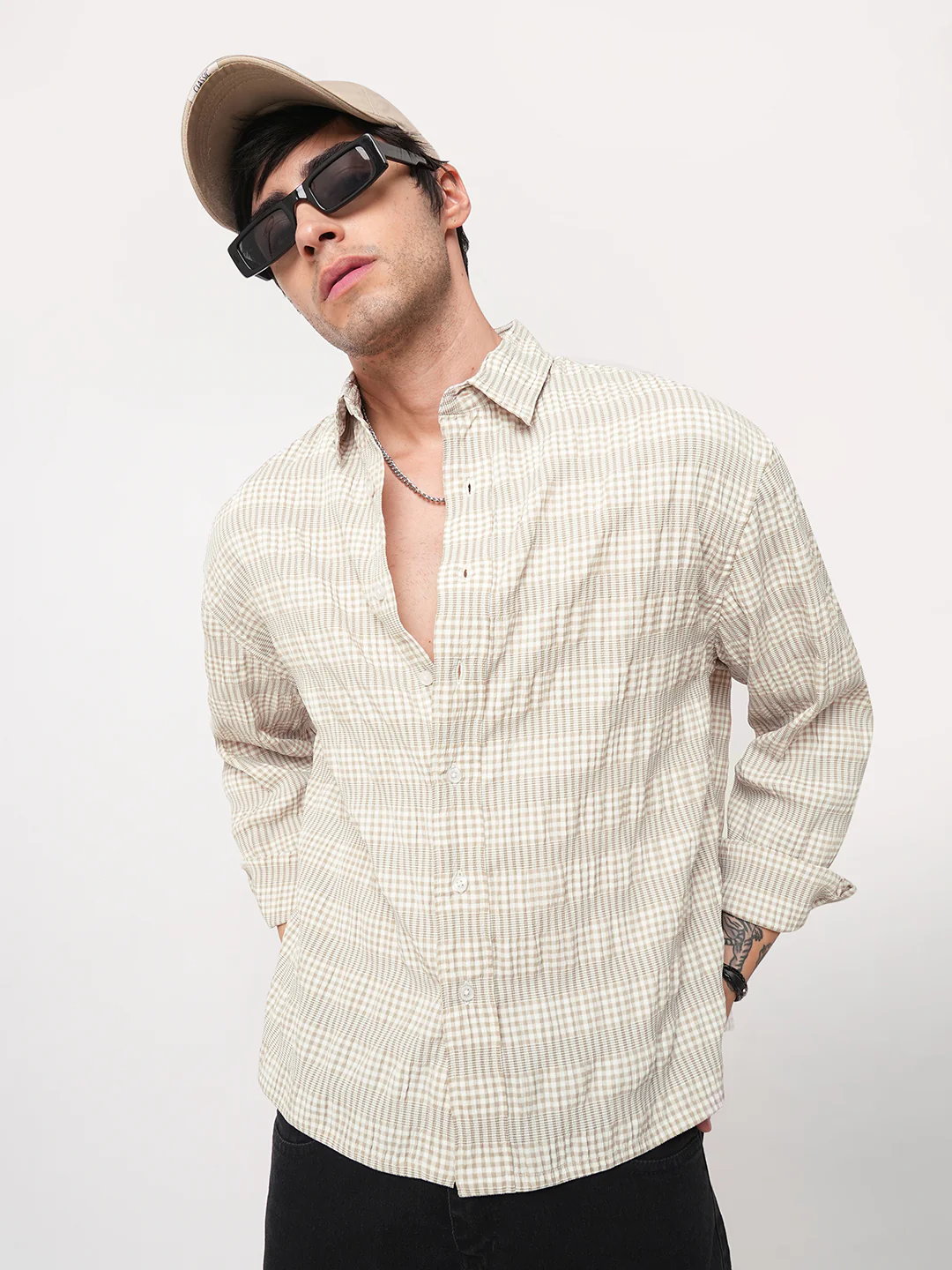 Laurel Green Seersucker Checks Boxy Fit Crop Shirt - Image 2