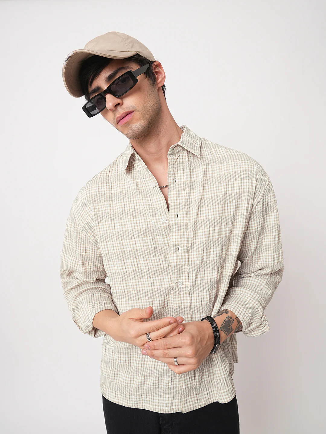 Laurel Green Seersucker Checks Boxy Fit Crop Shirt - Image 3