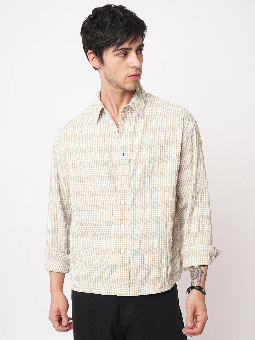 Laurel Green Seersucker Checks Boxy Fit Crop Shirt - Image 4