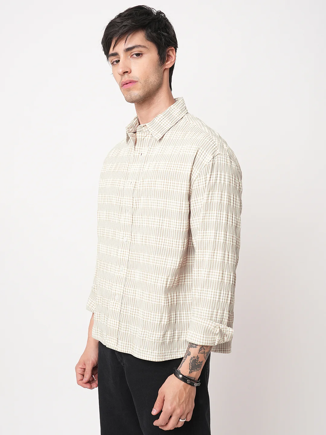 Laurel Green Seersucker Checks Boxy Fit Crop Shirt - Image 5