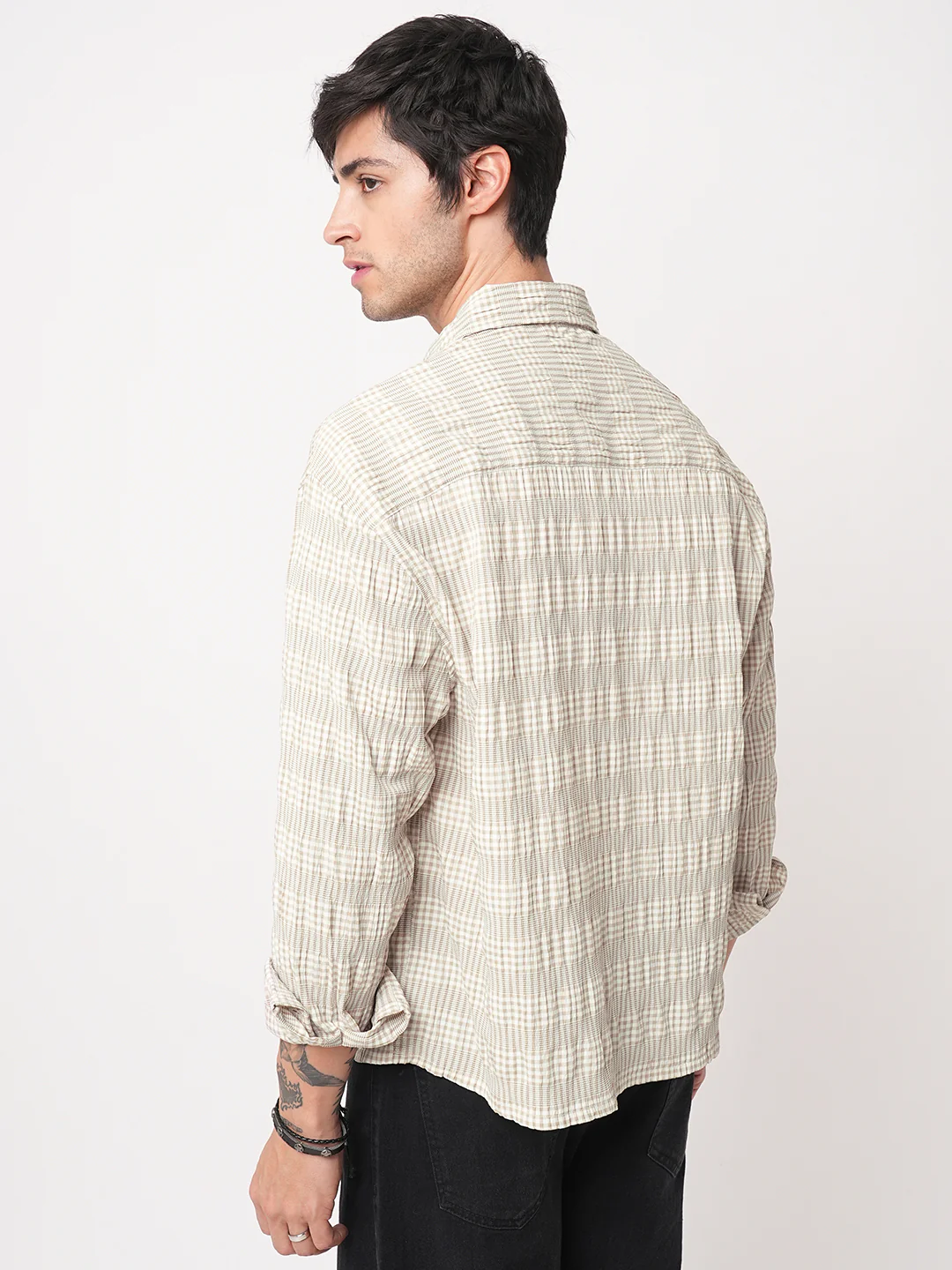 Laurel Green Seersucker Checks Boxy Fit Crop Shirt - Image 6