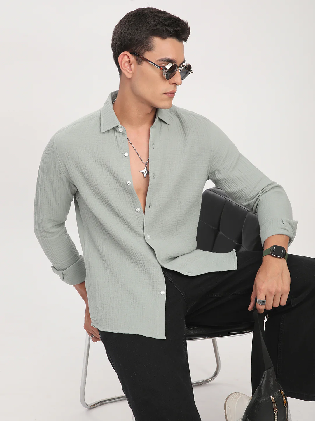 Laurel Green Zephyr Double Cloth Crinkled Shirt - Image 2