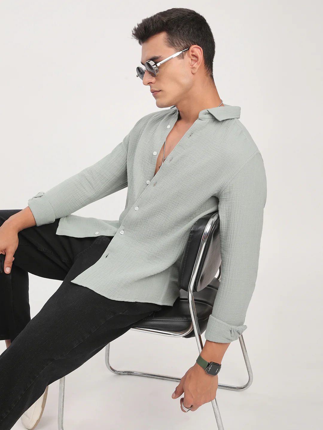 Laurel Green Zephyr Double Cloth Crinkled Shirt - Image 4