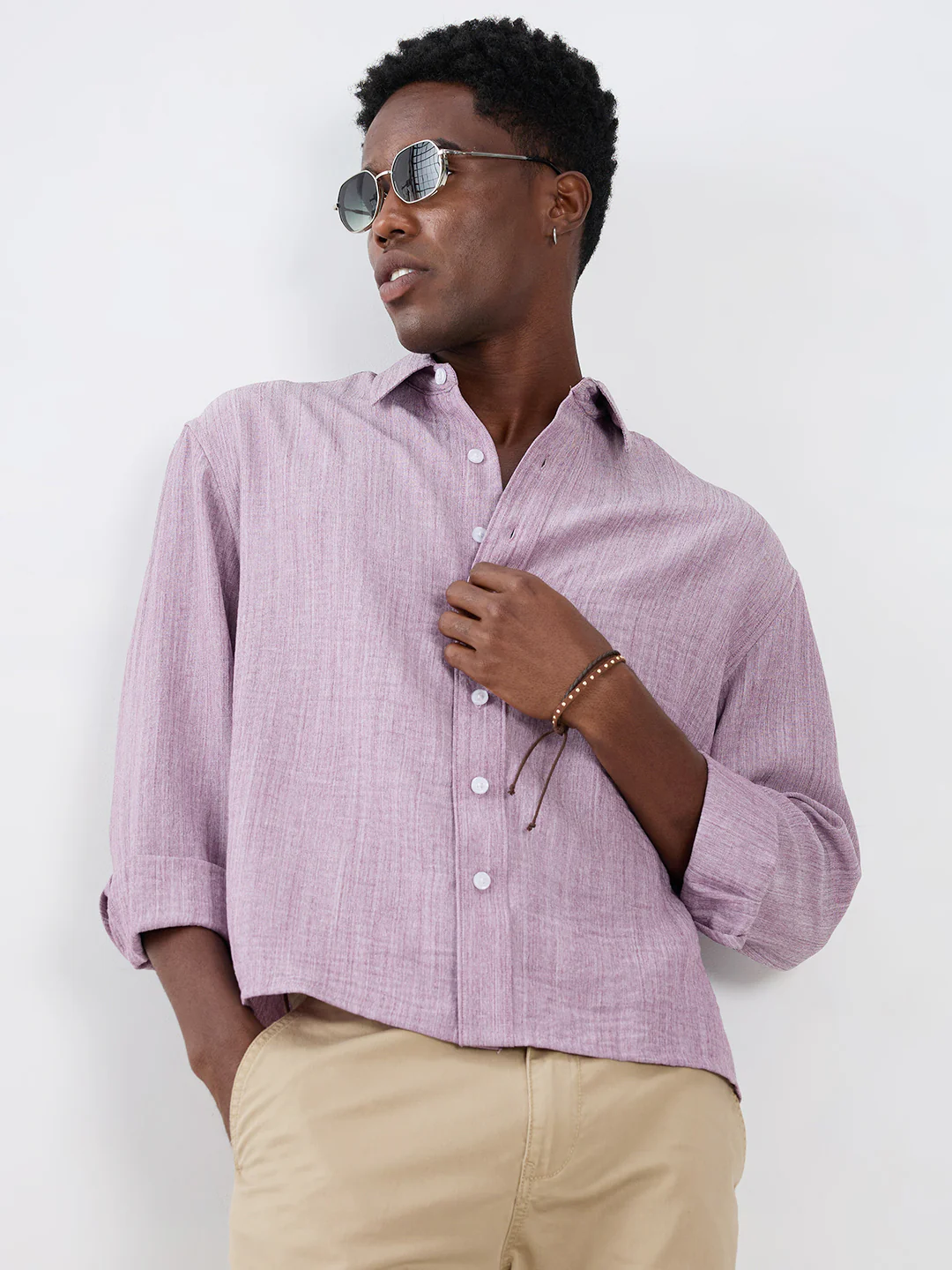 Lavender Textured Boxy Fit Crop Shirt - Image 4