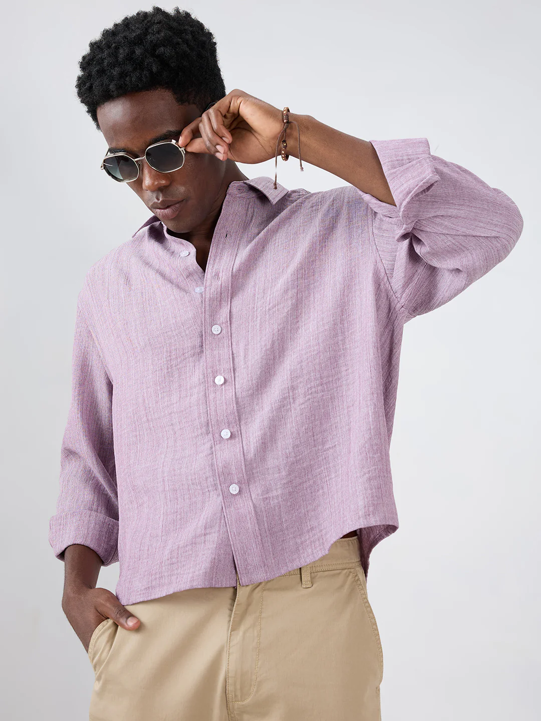 Lavender Textured Boxy Fit Crop Shirt - Image 5