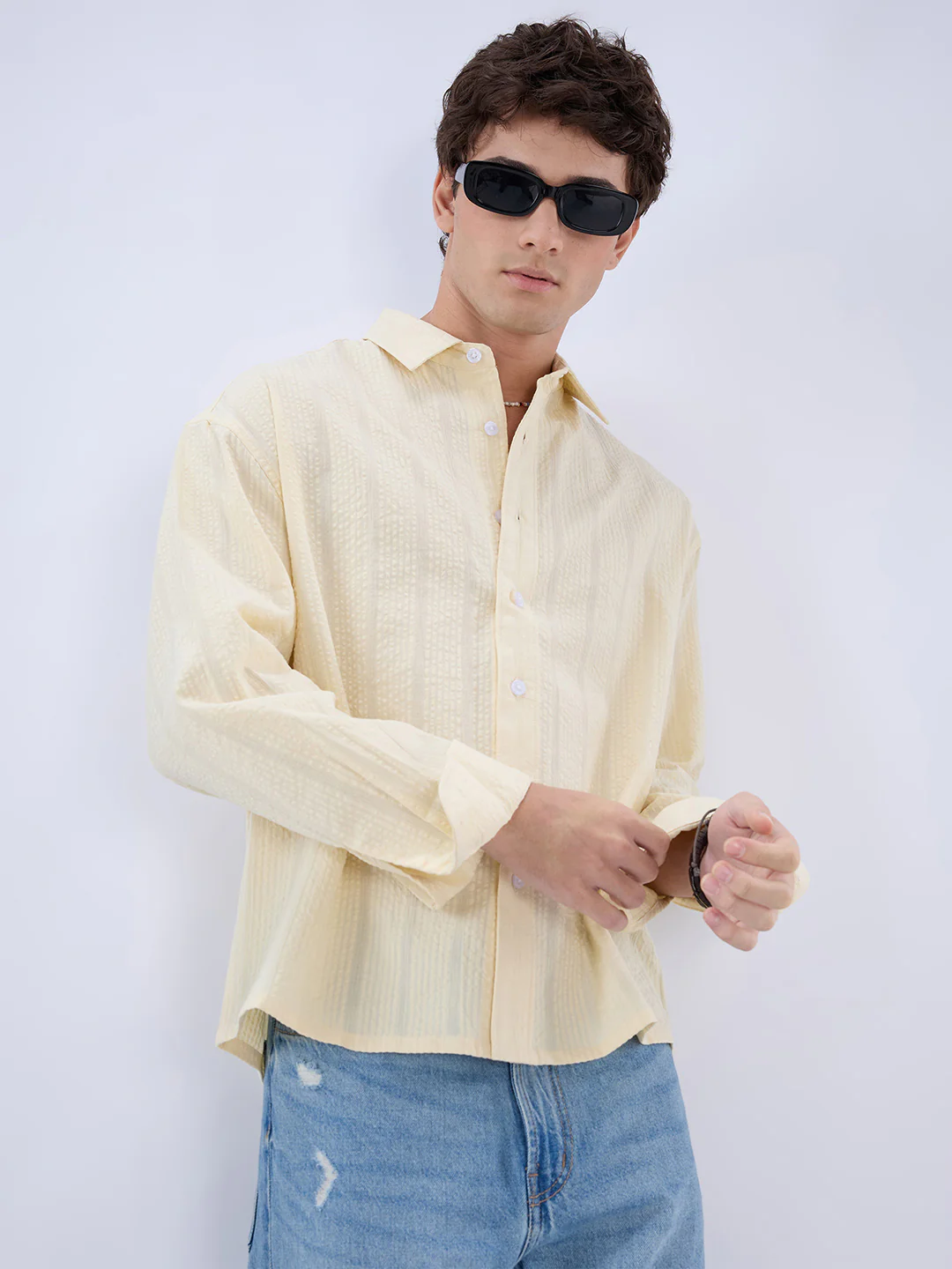 Lemon Yellow Seersucker Striped Boxy Fit Crop Shirt