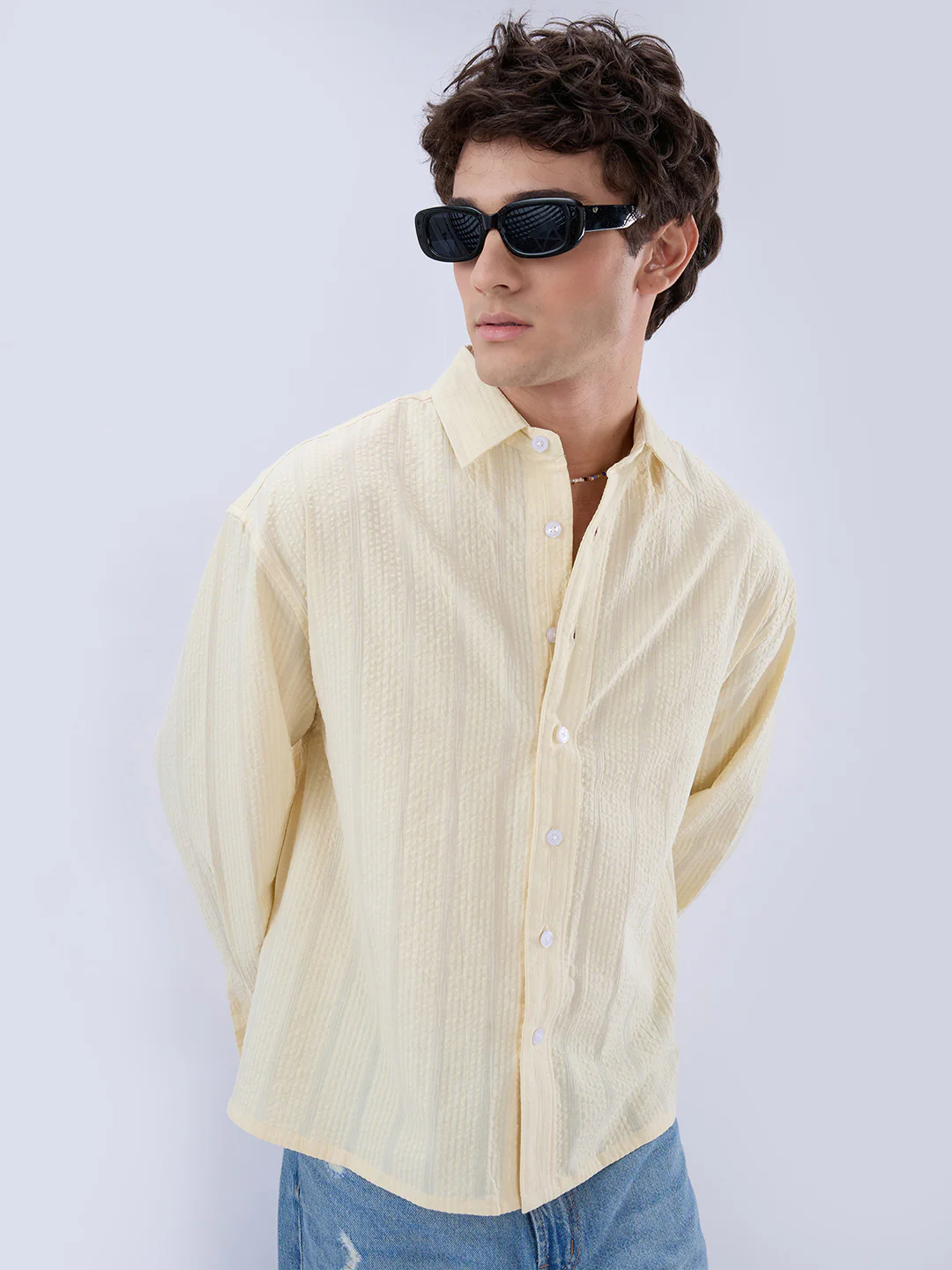 Lemon Yellow Seersucker Striped Boxy Fit Crop Shirt - Image 2
