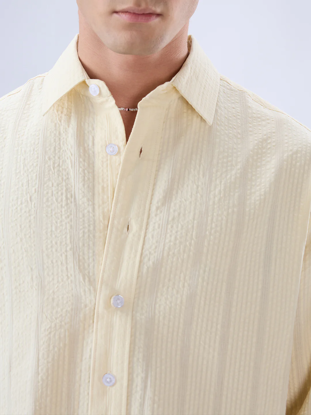 Lemon Yellow Seersucker Striped Boxy Fit Crop Shirt - Image 3
