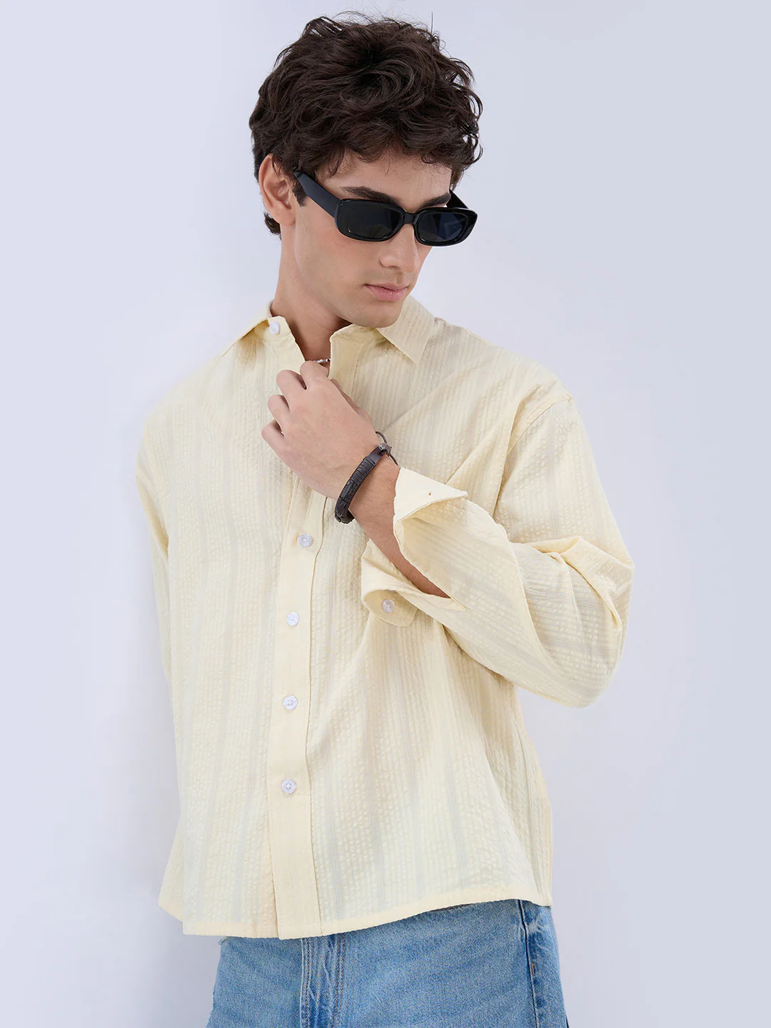 Lemon Yellow Seersucker Striped Boxy Fit Crop Shirt - Image 4