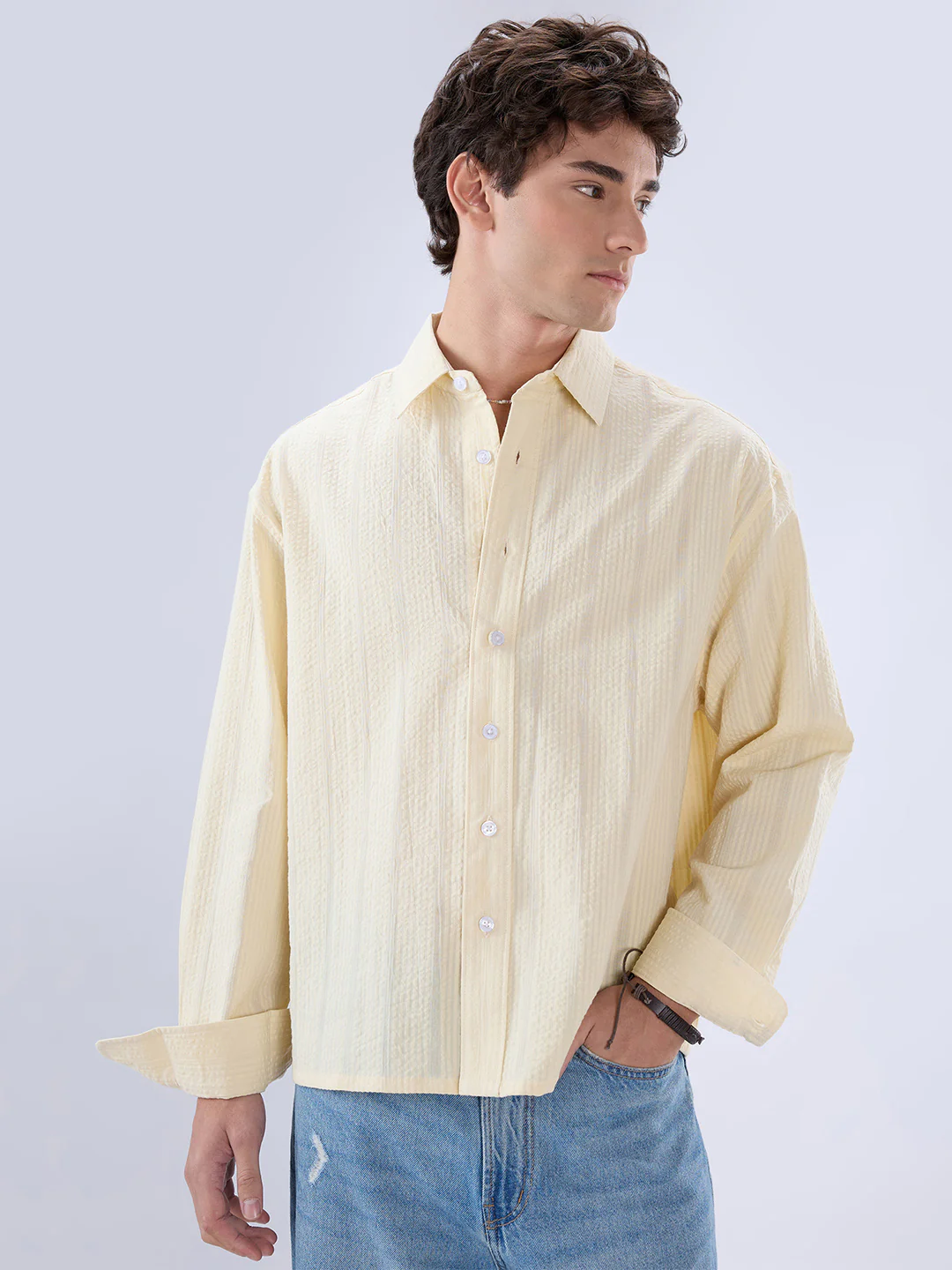 Lemon Yellow Seersucker Striped Boxy Fit Crop Shirt - Image 5