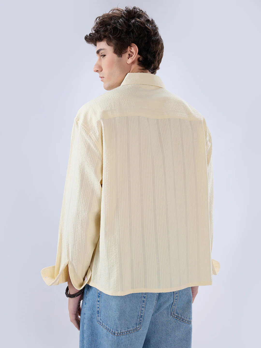 Lemon Yellow Seersucker Striped Boxy Fit Crop Shirt - Image 6