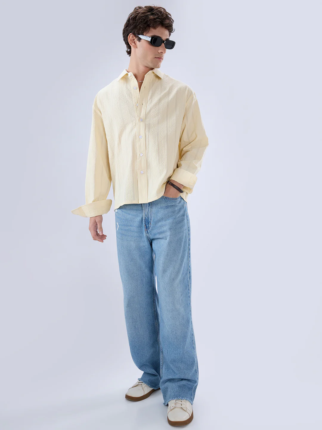 Lemon Yellow Seersucker Striped Boxy Fit Crop Shirt - Image 7