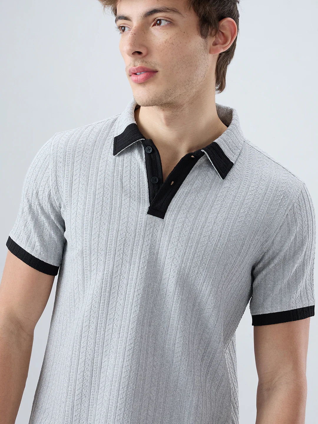 Light Grey Contrast Polo Neck T-shirt - Image 3
