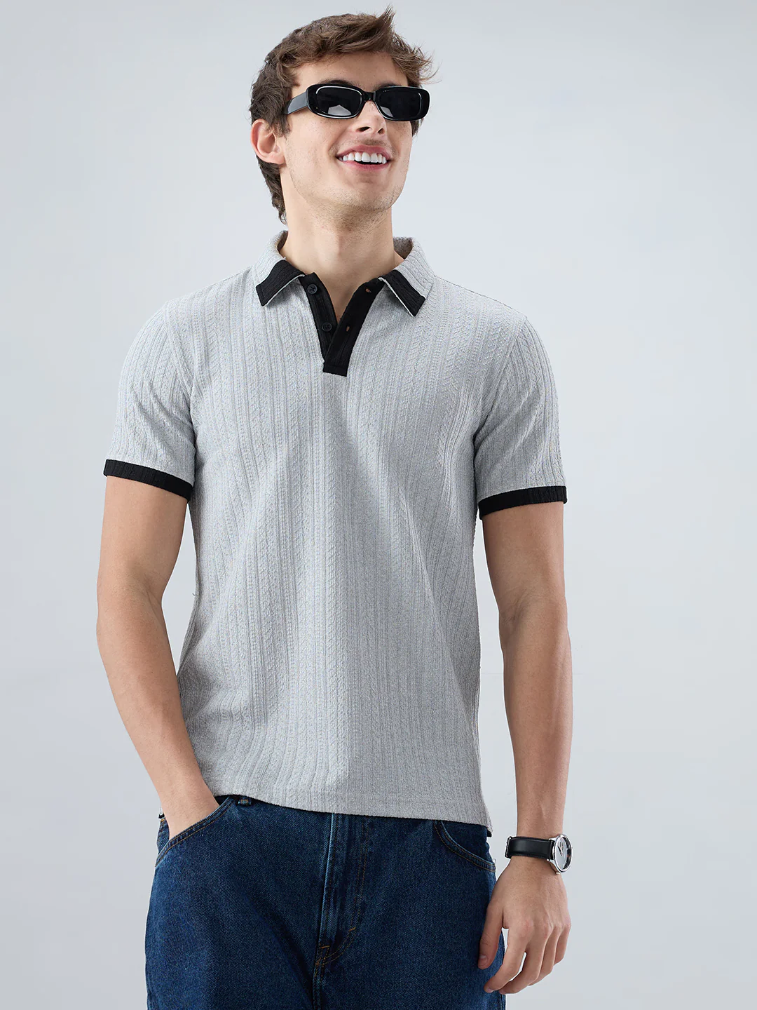 Light Grey Contrast Polo Neck T-shirt - Image 4