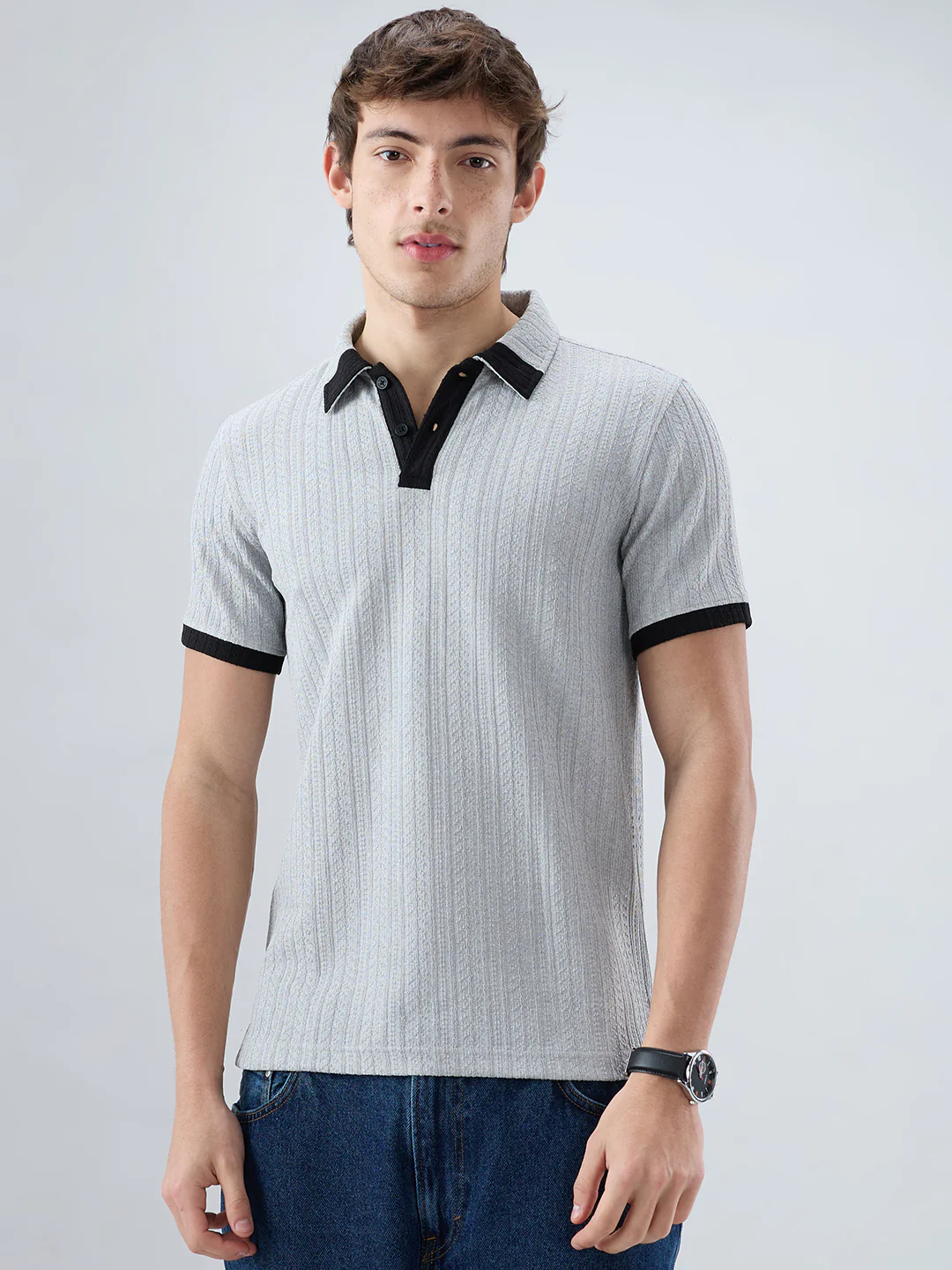 Light Grey Contrast Polo Neck T-shirt - Image 5