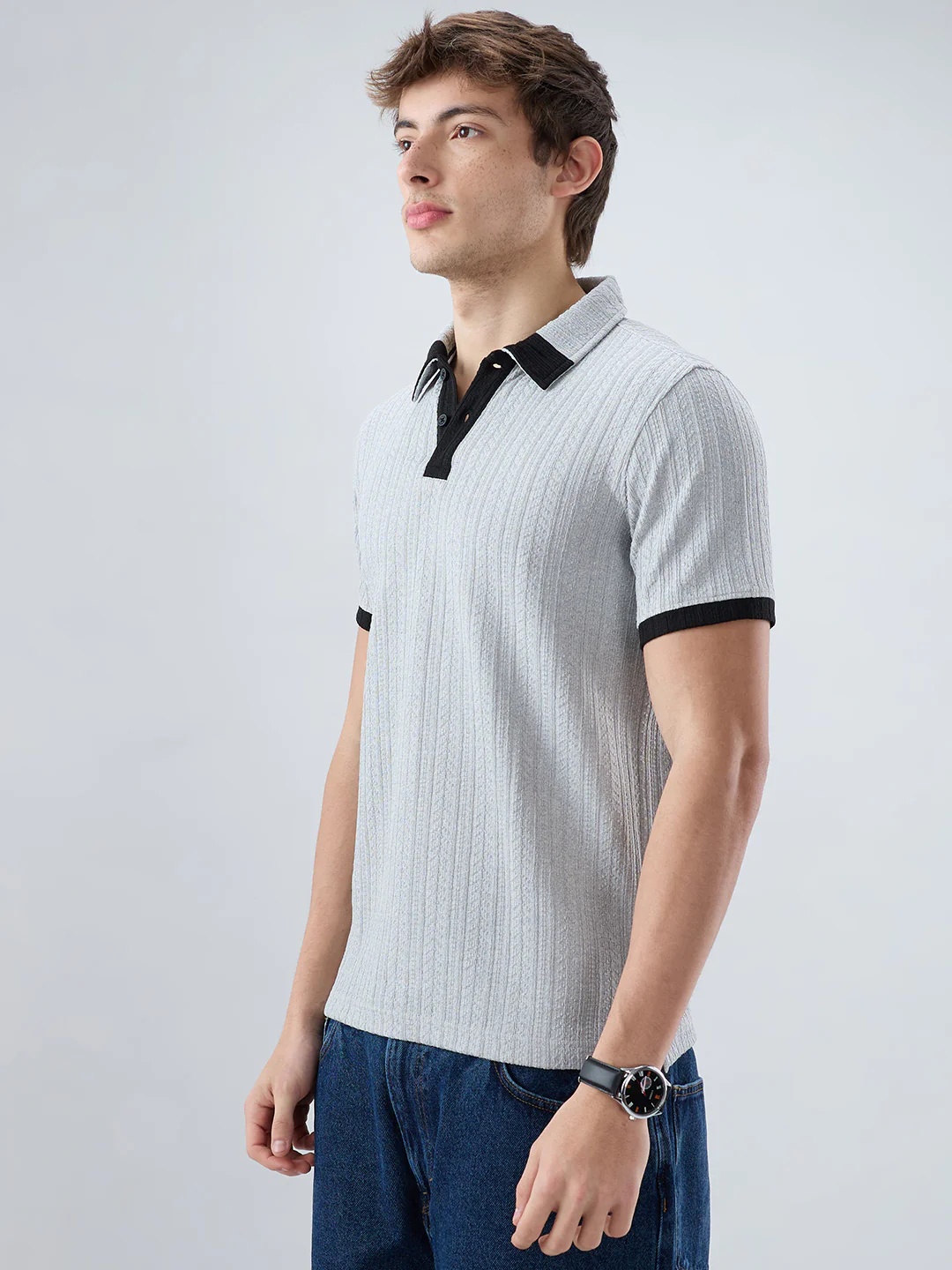 Light Grey Contrast Polo Neck T-shirt - Image 6