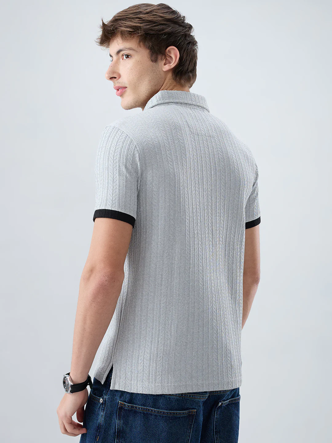 Light Grey Contrast Polo Neck T-shirt - Image 7