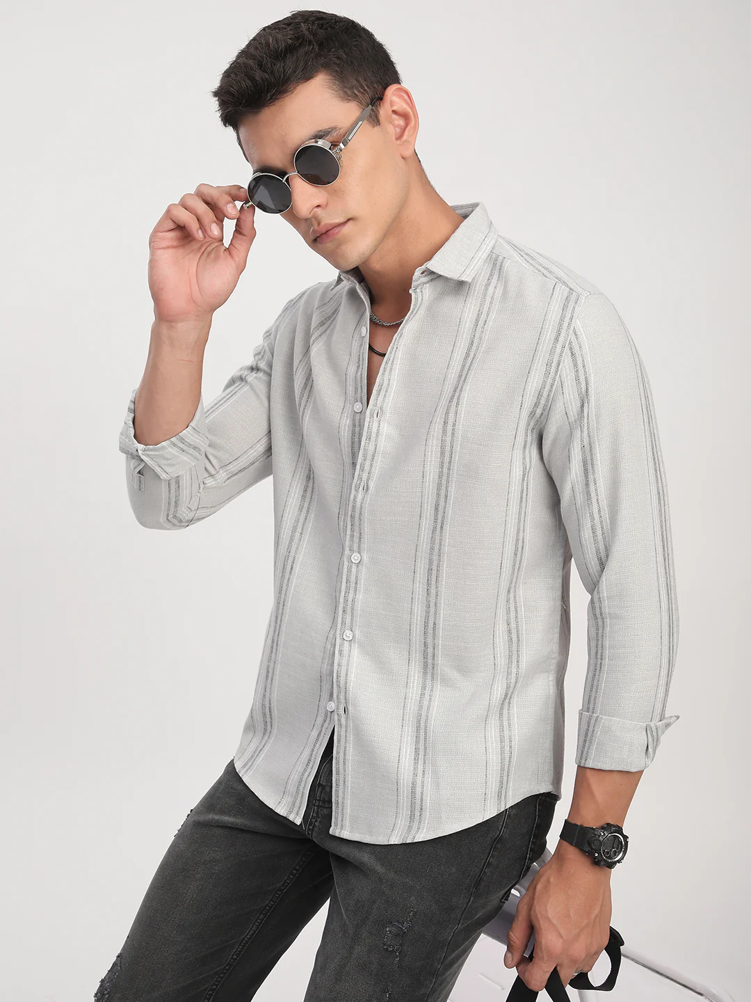 Light Grey Marine Mist Striped Linen Blend Shirt - Image 2