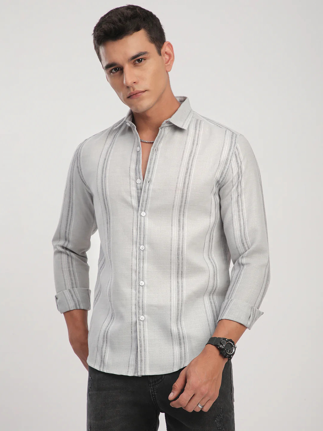 Light Grey Marine Mist Striped Linen Blend Shirt - Image 4