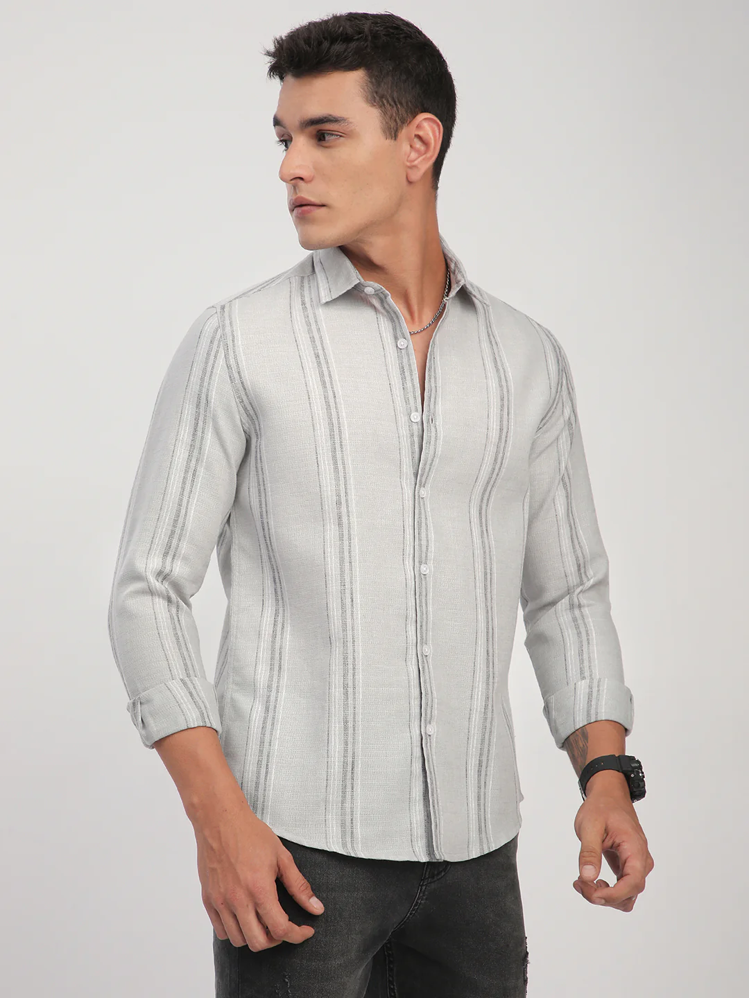 Light Grey Marine Mist Striped Linen Blend Shirt - Image 5
