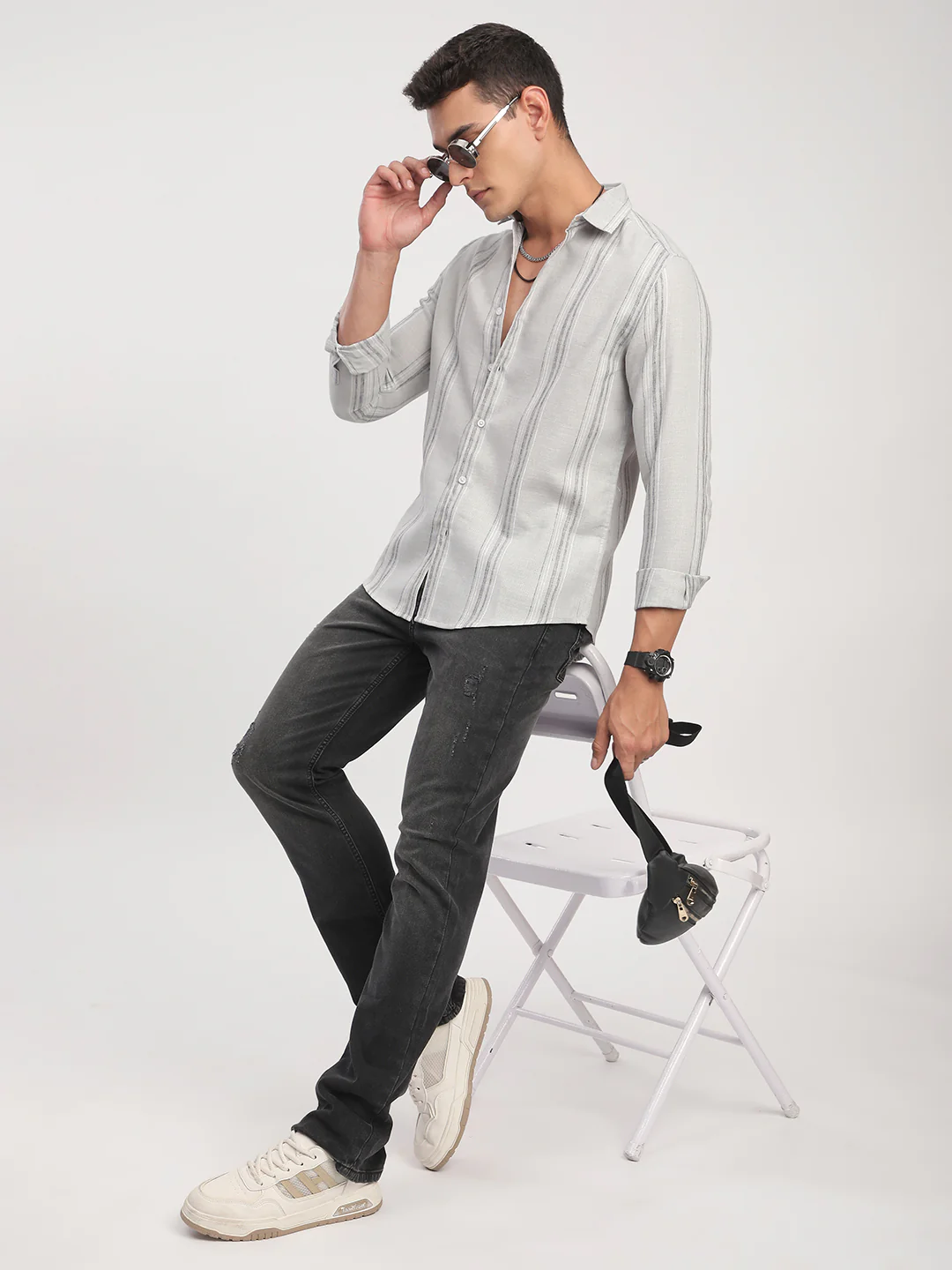 Light Grey Marine Mist Striped Linen Blend Shirt - Image 7