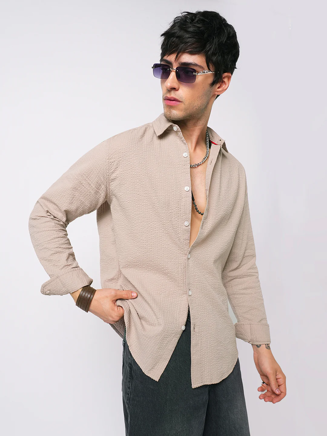 Light Taupe Brown Seersucker Shirt - Image 2