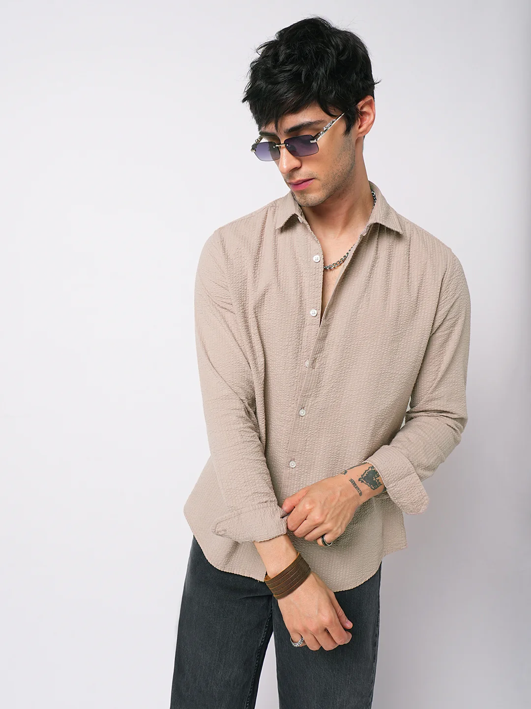 Light Taupe Brown Seersucker Shirt - Image 4