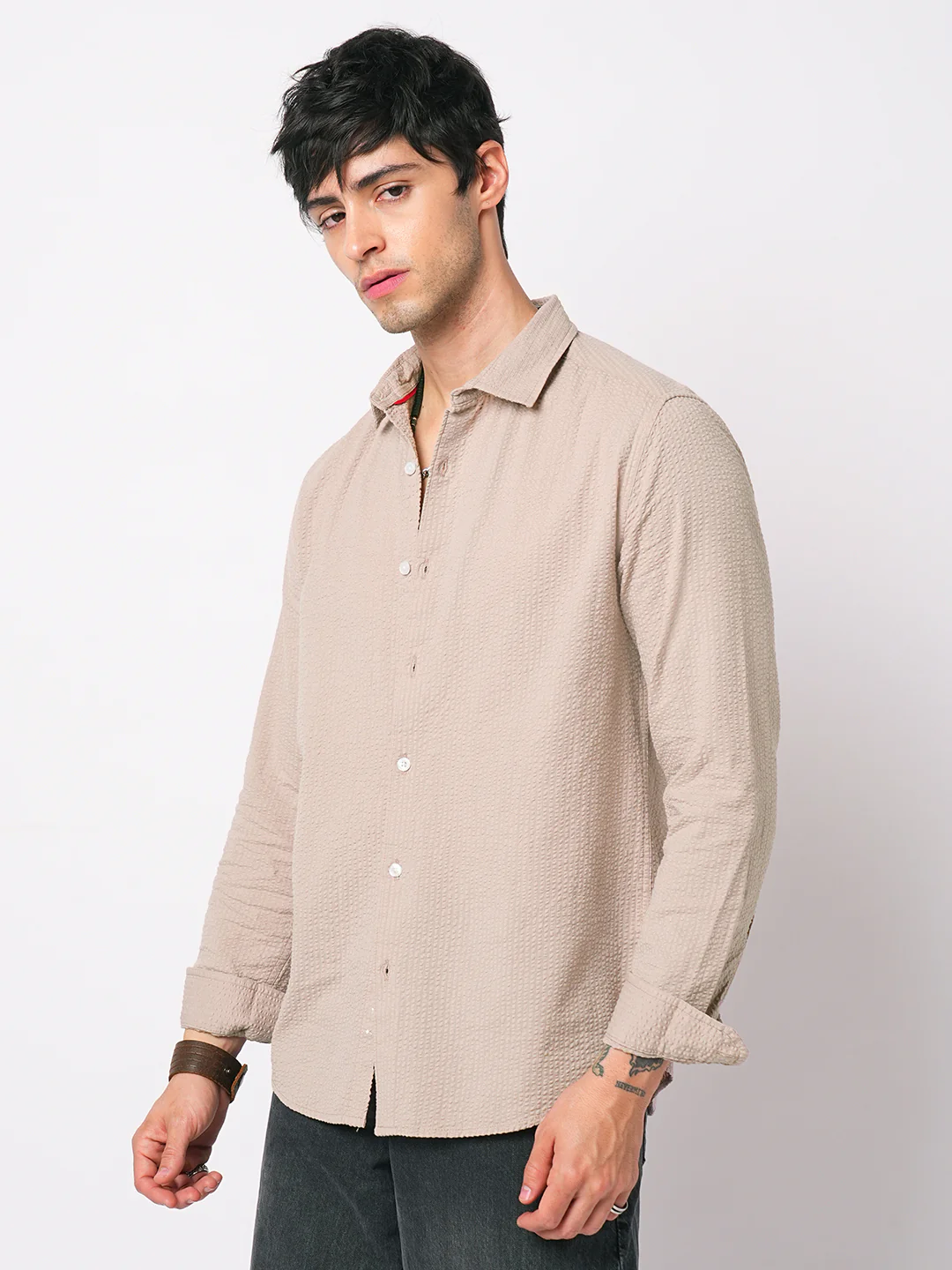 Light Taupe Brown Seersucker Shirt - Image 5