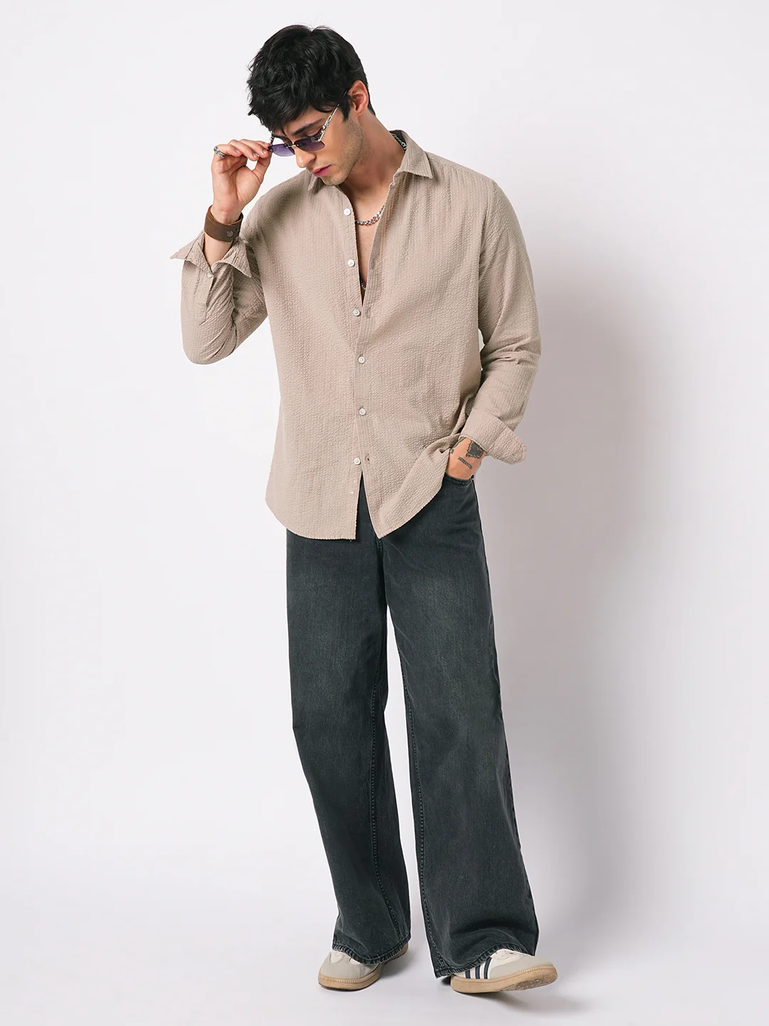 Light Taupe Brown Seersucker Shirt - Image 7