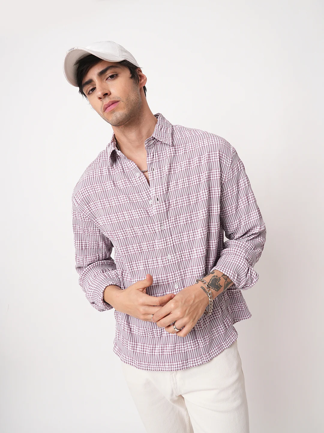 Lilac Seersucker Checks Boxy Fit Crop Shirt